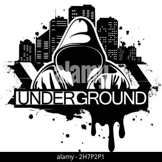 Urban style illustration of man in hoodie behind city silhouette. Street art style. T-shirt print design. Stock Vector