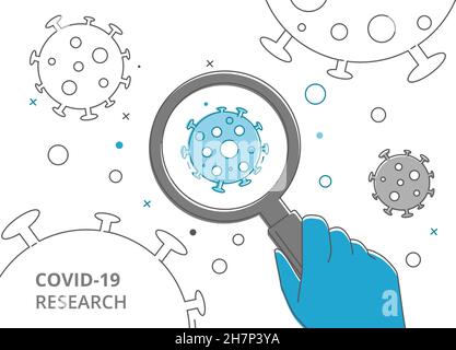 A hand in a medical glove holds a magnifying glass. Finds a new strain of coronavirus. Blue virus under a magnifying glass. Stock Vector