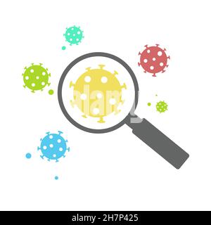 Different species of coronavirus strains under a magnifying glass. Study in the laboratory, contagiousness of new viruses and measures against them. Stock Vector