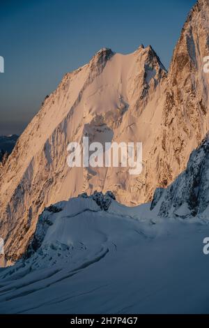 Aiguille Blanche de Peuterey, fantastic alpine summit in Mont Blanc masiff, Chamonix, France. Stock Photo