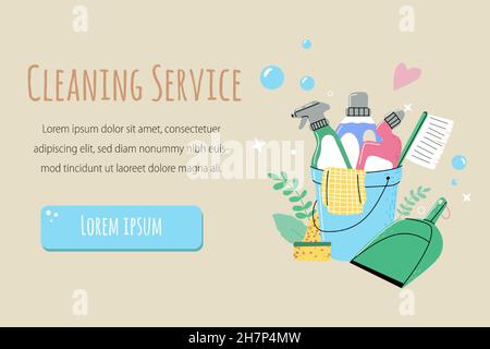 Cleaning set products. Bucket,sponge,window-cleaner products in bootle,dustpan,broom,detegent.Banner for cleaning service.Vector flat illustration. Stock Vector
