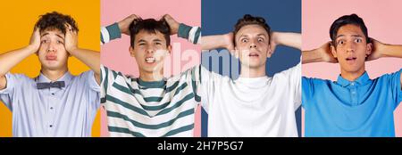 Portraits of group of multiethnic young men isolated on multicolored background. Concept of emotions, facial expressions. Collage Stock Photo
