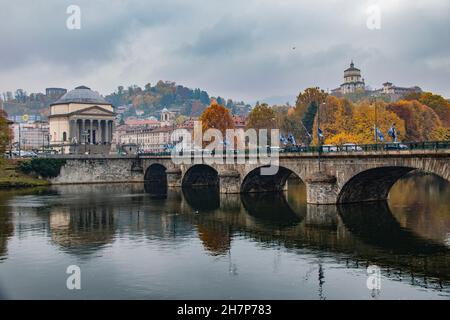 The beautiful Gran Madre di Dio, sited on the River Po in Turin (Torino) Italy reflected in the calm waters of the River Po in Autumn Stock Photo