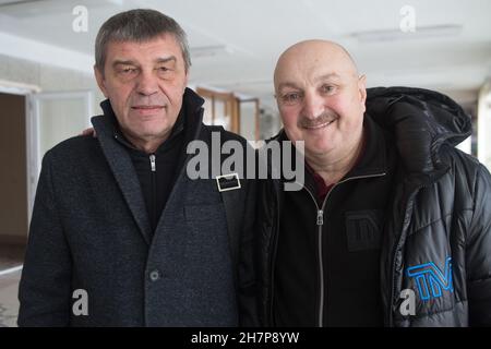 Two great Ukraine's boxing coaches Oleg Malovanyuk (L) , head of youth team +Dmytro Sosnovsky, long term head of national squad, including at London12 Stock Photo