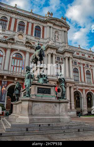 Beautiful architecture & ornate statues of the Piazza Carlo Alberto, Turin, Piedmont, Italy