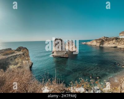 Sabah Nassar's Rock at Raouche in Beirut, Lebanon. known as the Pigeons' Rock. Beautiful nature and sea. Lebanon attractions. Stock Photo