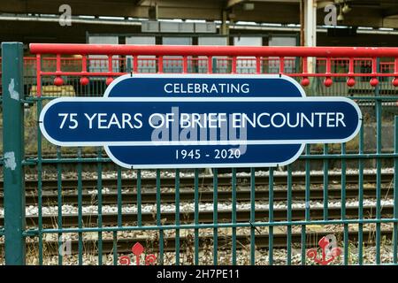 Plaque Celebrating 75 Years Of Brief Encounter 1945-2010 at Carnforth railway station, Lancashire. Stock Photo