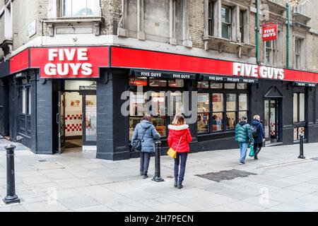 Five Guys hamburger restaurant on Villiers Street, Charing Cross, London, UK Stock Photo