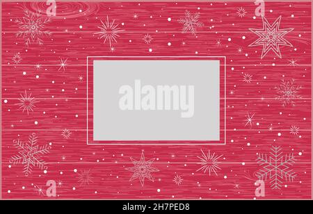 white snowflakes and stars on a red background with a wood texture and a frame for the inscription Stock Vector