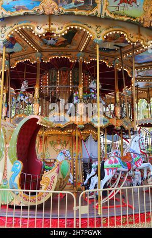 Retro carousel in Avignon, France. Antique fairground merry-go-round French carrousel. Stock Photo