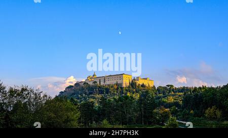 View of the Abbey of MonteCassino, Latium, Italy. Abbey at sunset with moon and blue sky Stock Photo