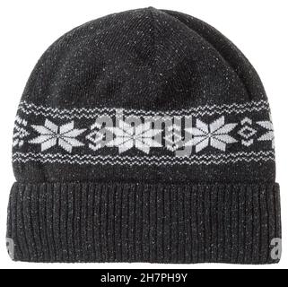Dark grey knit winter beanie hat decorated with nordic geometric ornament isolated on white background Stock Photo