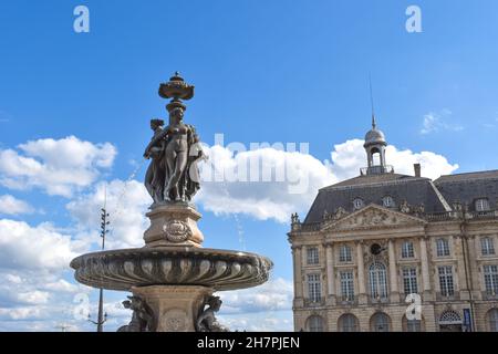 Bordeaux, France - Sep 17, 2021: Detail of The Fountain of Three Graces in the center of the French city. Located on the famous square Place de la Stock Photo