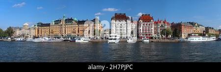 STOCKHOLM, SWEDEN - AUGUST 22, 2018: Panorama of Strandvagen in Stockholm, Sweden. Stockholm is the capital city and most populous area in Sweden. Stock Photo