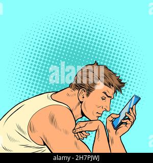 a man surfs in the smartphone in the morning. Businessman daily routine Stock Vector