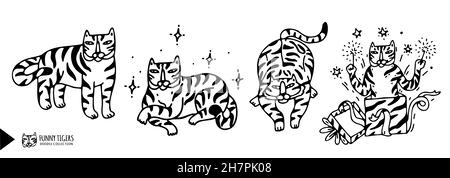 Set of tigers in cute doodle outline cartoon style. Outline vector Tiger characters bundle in various pose. Illlustration isolated on white Stock Vector