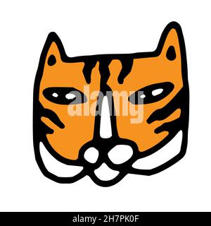 Tiger cute face logo in doodle cartoon style. Cute vector hand drawn tiger character icon isolated on white Stock Vector