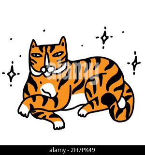 Cute laying tiger in a doodle cartoon style. Cute hand drawn tiger cub. Vector color outline illustration, isolated on a white background Stock Vector