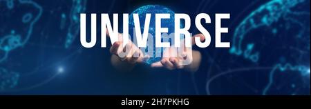 High tech universe banner. Internet digital transformation, next generation of technology era. Hands with global virtual reality, social media platfor Stock Photo