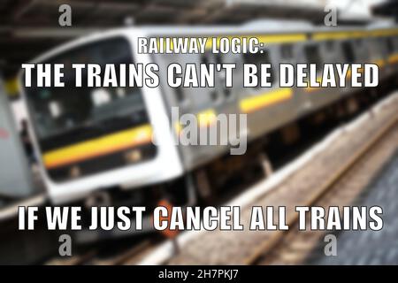 Railway logic funny meme for social media sharing. Public transportation problems joke. Stock Photo