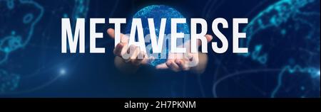 Metaverse universe banner. Internet digital transformation, next generation of technology era. Hands with global virtual reality, social media platfor Stock Photo