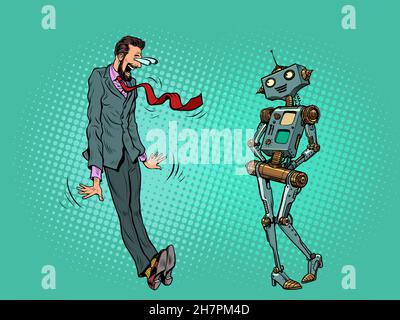male businessman in a cartoon shock pose, looking at a female robot Stock Vector