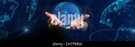 Hands with the digital globe. Metaverse universe banner concept. Internet digital transformation, next social media generation, technology era busines Stock Photo