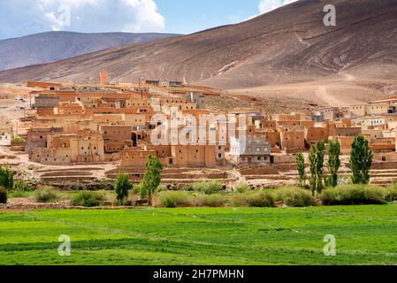Cultivated fields and village of the upper Dades Valley, in the Atlas Mountains. Stock Photo