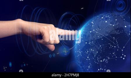 Woman hand touching metaverse universe concept. Internet digital transformation, next social media generation, technology era business background Stock Photo