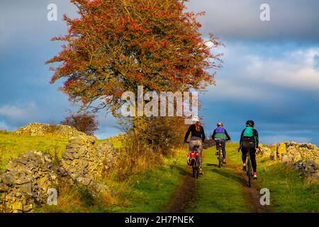 Three women mountain biking at Middleton Moor near Wirksworth close to the High Peak Trail in the Derbyshire Dales Peak District England UK Stock Photo