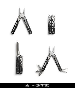 Multi-tools pliers with other tools and knife. Multifunction pliers isolated on white background. Stock Photo