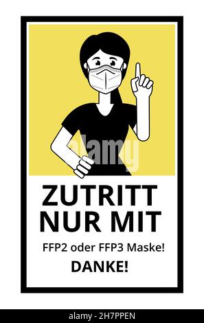 Rectangular stickers or sign on the door of the building in German, Entrance only with ffp3 or ffp3 mask. Thank you. The woman raises her index finger Stock Vector