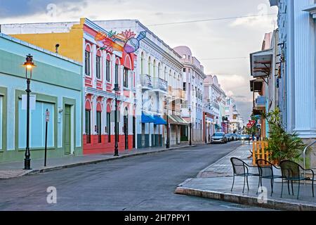 Pastel coloured buildings in Spanish colonial style in Historic Zone of the city Ponce, southern Puerto Rico, Greater Antilles, Caribbean Stock Photo