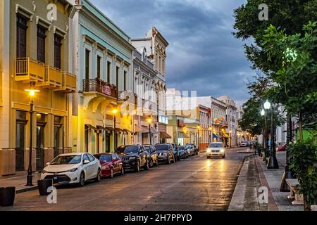 Buildings in Spanish colonial style in the Historic Zone of the city Ponce at night, southern Puerto Rico, Greater Antilles, Caribbean Stock Photo