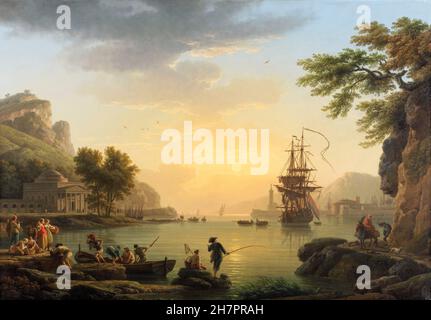 Joseph Vernet. Painting entitled 'A Landscape at Sunset with Fishermen returning with their Catch ('Calme')'  by  Claude-Joseph Vernet (1714-1789), oil on canvas, 1773 Stock Photo