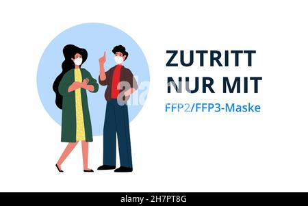 A woman and a man stand in ffp2 masks. The man has his index finger raised, calling for attention. Stock Vector