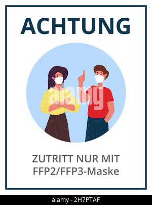 A woman and a man stand in ffp2 masks. The man has his index finger raised, calling for attention. Stock Vector