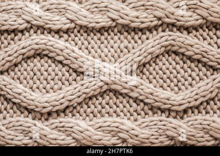 Beige knitting wool texture background. Woolen handmade knitted clothes texture Stock Photo
