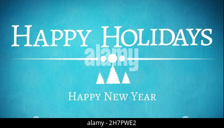 New year and happy holidays greeting text with christmas symbols on blue background Stock Photo