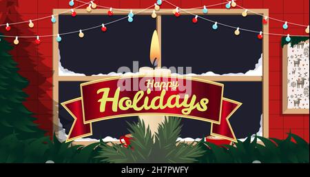 Happy holidays text over decorated window with string bulbs and burning candle Stock Photo