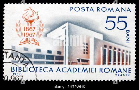 ROMANIA - CIRCA 1967: a stamp printed in the Romania shows Romanian Academy Library, Bucharest, circa 1967 Stock Photo