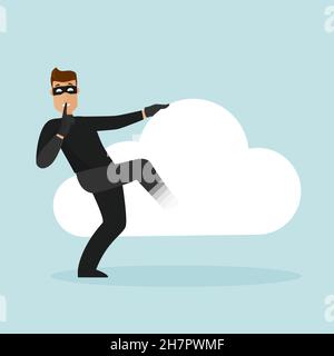 The thief covers his face with his finger as a sign of silence and gets one foot in the cloud vault. Hacking personal data on the Internet. Stock Vector