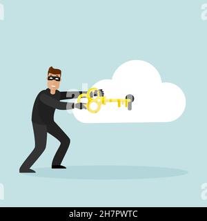 An attack on personal data on the Internet. A smiling thief picks up the key to his personal cloud storage. Stock Vector
