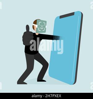 The thief hacks the face id and gets into your personal phone. The thief steals data from your phone. Face Id is hacked. Modern vector illustration in Stock Vector