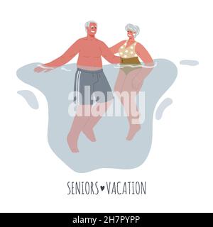 Two elderly people in bathing suits floating in the water together happy faces, vacation together, relaxation, tranquility. Older people on vacation a Stock Vector