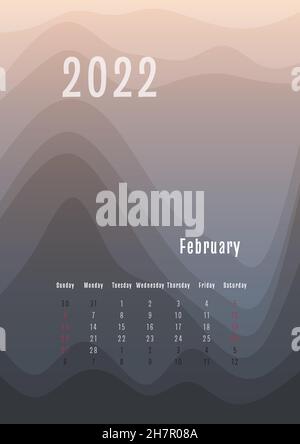 2022 february vertical calendar every month separately. monthly personal planner template. Peak silhouette abstract gradient colorful background, design for print and digital. Stock Vector