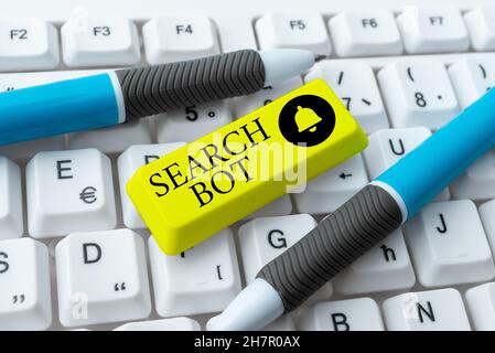 Writing displaying text Search Bot. Word Written on a program that runs automated tasks over the Internet or network Creating New Programming Stock Photo