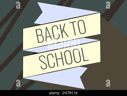 Hand writing sign Back To School. Business concept is the period relating to the start of a new school year Folded Paper Sash Drawing In Zigzag Stock Photo