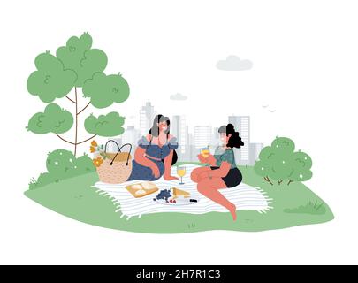 Two girlfriends in casual wear sit in a city park on blanket an green grass at summer and make a picnic together, have fun together,time for friends.V Stock Vector