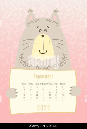 2022 september calendar, cute cat animal holding a monthly calendar sheet, hand drawn childish style Stock Vector